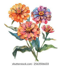 Watercolor painting of Zinnias flower, isolated on a white background, Zinnias vector