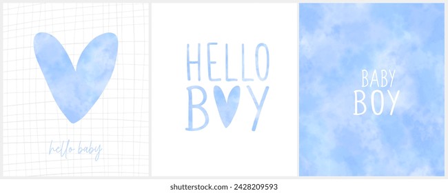 Watercolor Painting-like Baby Shower Prints. Hello Boy. Cute Vector Card with Big Blue Heart on a Light Pink Background. Trendy Art for Baby Boy Welcome Party. Lovely Baby Shower Illustrations. RGB.