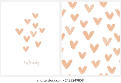 Watercolor Painting-like Baby Shower Prints. Hello Baby. Cute Vector Card and Seamless Pattern with Brown Hearts on a White Background. Trendy Art for Newborn   Babies Party. Baby Shower Prints. RGB.