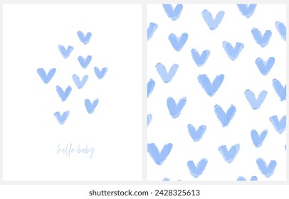 Watercolor Painting-like Baby Shower Prints. Hello Baby. Cute Vector Card and Seamless Pattern with Blue Hearts on a White Background. Trendy Art for Baby Boy Welcome Party. Baby Shower Prints. RGB.