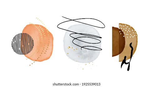 Watercolor paintings blobs, abstract shapes Vector. Watercolor ink splashes, hand painted round stains, isolated on white. Graphic painting, neutral palette design brown tan 