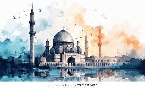 Watercolor Paintings of Islamic Mosques. vector art illustration.