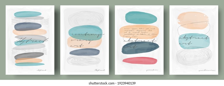 Watercolor paintings, vector. Set of creative minimalist hand painted illustrations for wall decoration. Pastel colors. Handwritten inscriptions. 