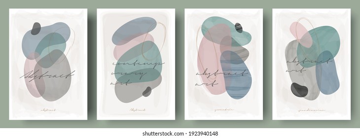 Watercolor paintings, vector. Set of creative minimalist hand painted illustrations for wall decoration. Pastel colors. Handwritten inscriptions. 