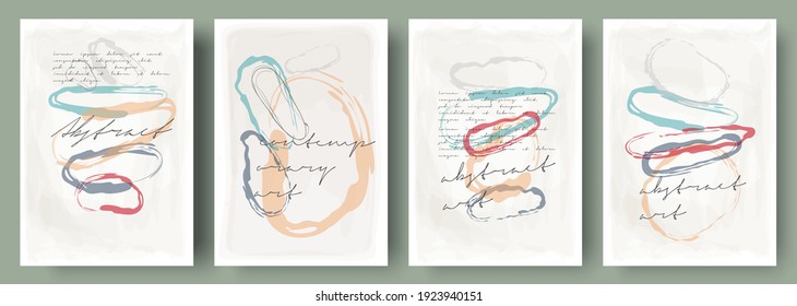 Watercolor paintings, vector. Set of creative minimalist hand painted illustrations for wall decoration. Pastel colors. Handwritten inscriptions. 