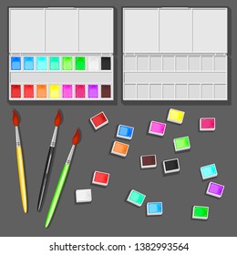 Watercolor paints in a box and a brush. Color palette for creativity. Logo and print for stationery, school supplies, art materials and etc. Color fill isn't the gradient. Vector illustration. EPS 8.
