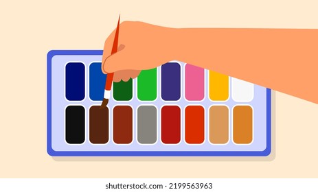 Watercolor paints in box concept. Hand holds brush and picks up brown gouache or acrylic paint. Little child artist draws picture. Equipment for creativity. Top view. Cartoon flat vector illustration