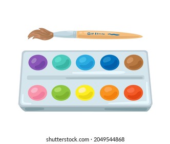 Watercolor paints in a box and a paintbrush. School supplies. In cartoon style. Isolated on white background. Vector flat illustration