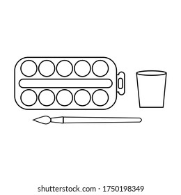 Watercolor paints with brush and Cup, drawing set, black outline white background, vector illustration, icon, decoration
