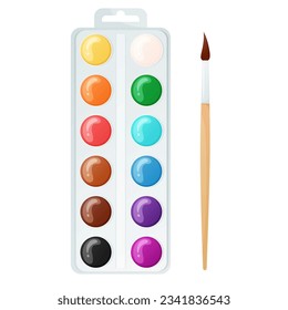 Watercolor paints and brush isolated on white