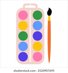 Watercolor paints with brush on isolated background. Vector illustration for art supplies, creative projects, and educational materials