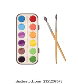 Watercolor paints and brushes. Colored paints for drawing. Colorful school paints and brushes in a box. Vector illustration isolated on a white background