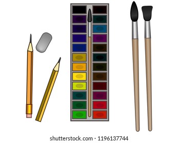 Watercolor paints, brushes and pencils with an eraser. Art materials for children's creativity. Stationery and school supplies.