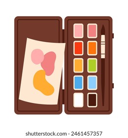 Watercolor paints palette case with brush.Set of bright watercolor paints in box. Draw equipment.  Vector illustration in cartoon style. Isolated on white background.