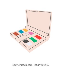 Watercolor paints, palette: red, green, black, blue, yellow, pink, brown, white. Isolated. Flat vector illustration.