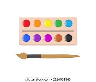 Watercolor paints set in box and a brush. Art supplies: brushes, watercolor,Drawing creative materials for workshops designs,vector