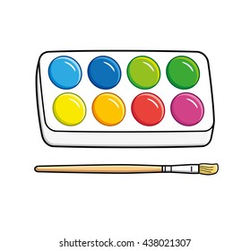 Watercolor paints set in box and a brush.