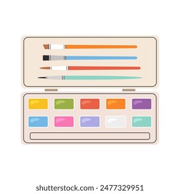 Watercolor paints with a set of brushes. Artistic palette. Vector flat illustration. Back to school. 
