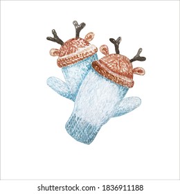 Watercolor pair of blue knitted mittens on a white background. Christmas hand drawn illustration of pink winter gloves with ornament and horns