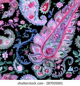 Watercolor paisley seamless background. Cold colors. Indian, persian or turkish art. Vector pattern.