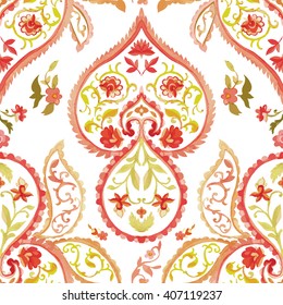 Watercolor Paisley Seamless Background on White. Warm Colors. Indian, Persian or Turkish Art. Vector Handdrawn Pattern. Traditional oriental seamless paisley pattern. Vintage flowers background. 