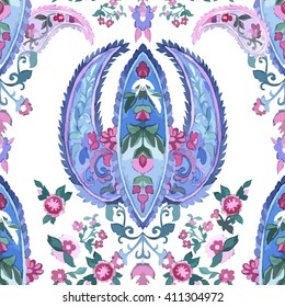 Watercolor Paisley Seamless Background on White. Cold Colors. Indian, Persian or Turkish Art. Vector Handdrawn Pattern.