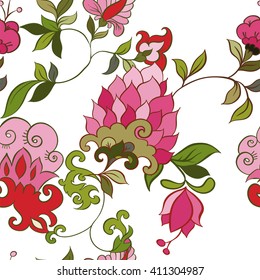 Watercolor Paisley Seamless Background on White. Cold Colors. Indian, Persian or Turkish Art. Vector Handdrawn Pattern.