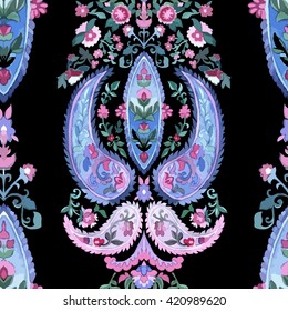 Fondo Seamless Paisley De Acuarela. Patrón Paisley. Ornamento decorativo para tela, textil, papel envolvente, tarjeta, invitación, papel pintado.