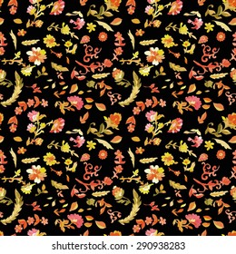 Watercolor paisley seamless pattern with flowers. Warm colors. Indian, persian or turkish art. Vector background.