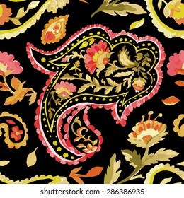 Watercolor paisley seamless pattern. Warm colors. Indian, persian or turkish art. Vector background.