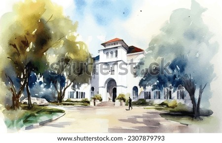 watercolor palace, resort vector art on white background.