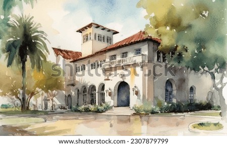 watercolor palace, resort vector art on white background.