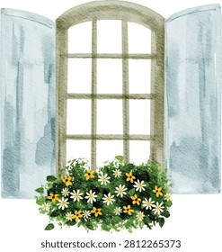 Watercolor Pale Blue Window with Open Shutters and Daisy Flower Box