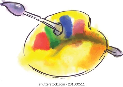 Watercolor palette with brush, hand drawn, vector