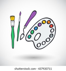 Watercolor palette and brushes. Hand-drawn doodle art supply icon with round shadow. Vector illustration.