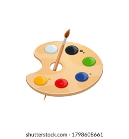 Watercolor palette with paint brush. Vector isolated artist tool or school painting lesson tool