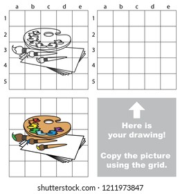 Watercolor, pallette and brushes, the educational game with simple game level. Copy the picture.