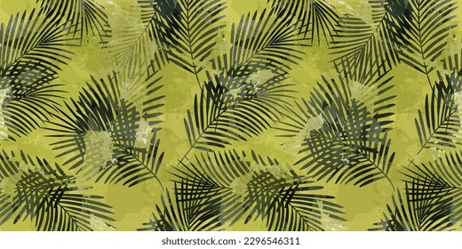Watercolor palm leaves seamless vector pattern. Exotic leaves background, textured jungle print	
