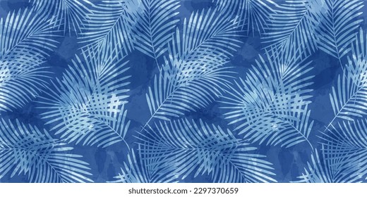 Watercolor palm leaves seamless vector pattern. Exotic leaves background, textured jungle print