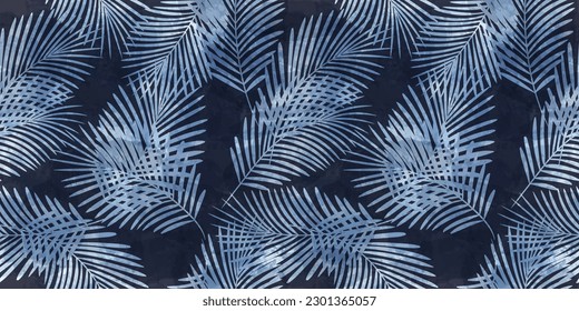 Watercolor palm leaves seamless vector pattern. Exotic leaves background, textured jungle print