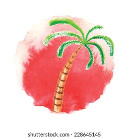 Watercolor palm tree against the sun. Vector logo illustration.