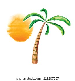 Watercolor palm tree and sun. Vector logo illustration.