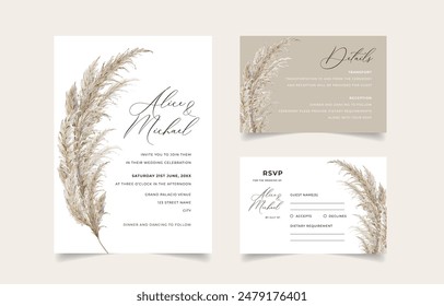 Watercolor pampas grass wedding invitation template set, Floral boho wedding invitation