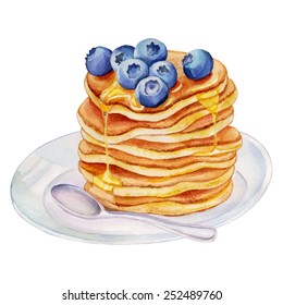 Watercolor Pancakes with blueberries and maple syrup