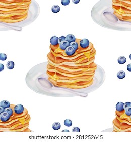 Watercolor Pancakes with blueberries and maple syrup seamless pattern