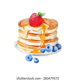  Watercolor pancakes with blueberries and strawberries. Vector illustration. Can be used for menu, banner, cards, invitations etc.