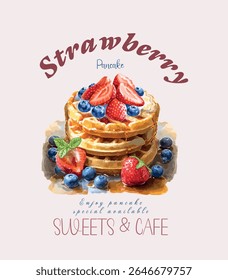 Aquarela Panquecas ilustração desenhada à mão de deliciosas panquecas de café da manhã com mel e bagas na placa branca