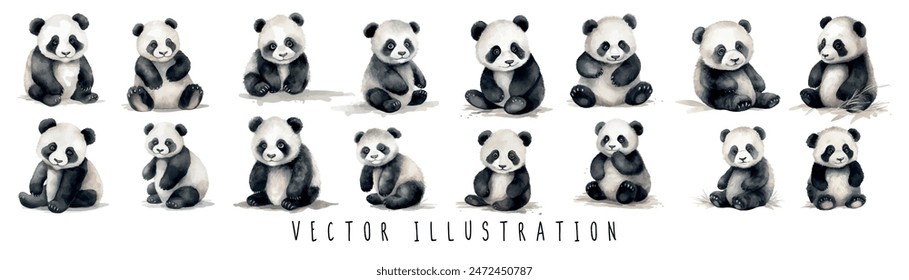 watercolor Panda bear set collection hand painted watercolor illustration isolated on white background. Vector set of animals. vector illustration	