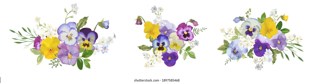 Watercolor pansy flowers bouquet collection. Vector viola spring floral set illustration. Summer bloom violet plant decoration design elements