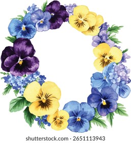 Watercolor Pansy Wreath - Blue, Yellow, Purple Flowers vector illustration